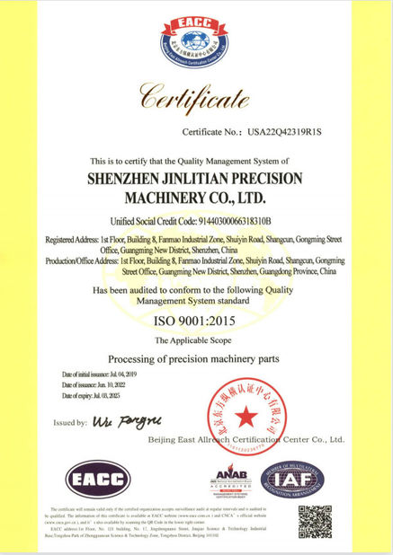 Porcellana Shenzhen Jinlitian Precision Machinery Co., Ltd. Certificazioni